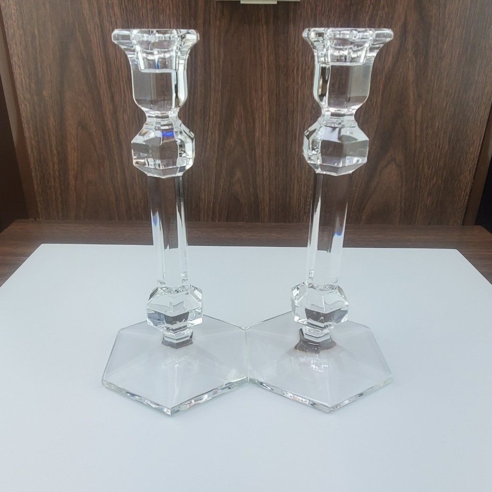Vintage Val St. Lambert Crystal Gardenia 9" Candlesticks